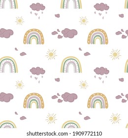 Patrón sin fisuras de los niños con arcos, estrellas y nubes dibujadas a mano. Fondo para ilustraciones de papel pintado, textiles, postales, etc. Vectores.