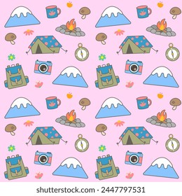 kids seamless pattern hand drawn cute summer camping vector illustration