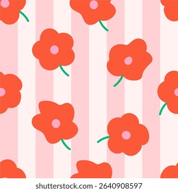 Kid's seamless pattern. Hand drawn red flower. Exotic flora fashion print. Design elements for baby textile or clothes. Hand drawn doodle repeating delicacies. Tropical wallpaper