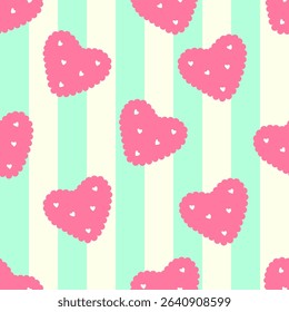 Kid's seamless pattern. Hand drawn pink heart Exotic heart fashion print. Design elements for baby textile or clothes. Hand drawn doodle repeating delicacies. Tropical wallpaper