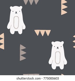 Los niños son un patrón sin fisuras con osos dibujados a mano y triángulos. Diseño de estilo escandinavo. Imagen de fondo vectorial para tela, textil, cartón, ducha de bebé, papel de regalo