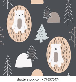 Kids seamless pattern with hand drawn bears and trees. Scandinavian style design. Vector background image for fabric, textile, scrapbook, baby shower, gift wrapping paper