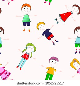 Kids seamless pattern. Happy children's day background. . Hand draw seamless background with cheerful children. 