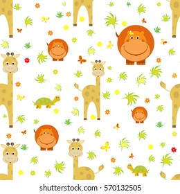 kids seamless pattern hippo, giraffe, turtle, butterfly transparent background vector illustration