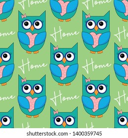 Kids seamless pattern with home owl