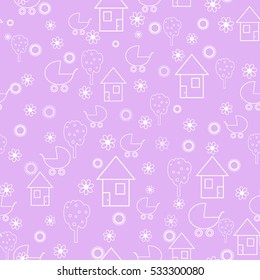 Kids seamless pattern with house, carriages, flowers, sun vector illustration