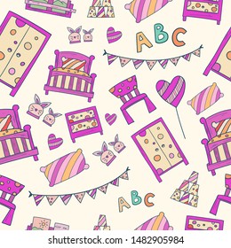 Kids Seamless Pattern Illustration Vector, Kids Illustration, Cartoon Kid Bedroom with boy & girl lifestyle elements, bed, books, desk, bookshelf. Children Bedroom Interior with Furniture and Toys. 