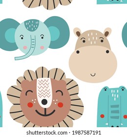 Kids seamless pattern jungle nursery decor. Safari baby room wall decor. Vector illustration.