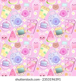 Kids seamless pattern with kawaii retro elements photo, digital, cartoon character , food, stars and accessories, 2000 90's wallpaper 