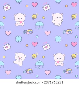 Kids seamless pattern with kawaii retro elements photo, digital, cartoon animals character , star, hearts  and accessories, mail  2000 90's wallpaper pink purple