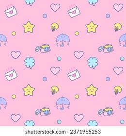 Kids seamless pattern with kawaii retro elements photo, digital, cartoon animals character , star, hearts  and accessories, mail  2000 90's wallpaper pink purple