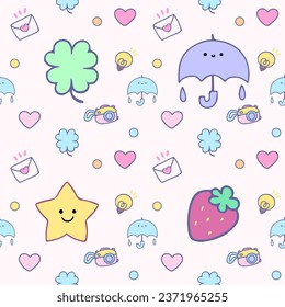 Kids seamless pattern with kawaii retro elements photo, digital, cartoon animals character , star, hearts  and accessories, mail  2000 90's wallpaper pink purple