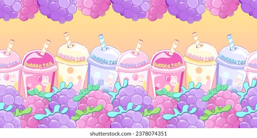 Kids seamless pattern with kawaii retro elements berry juice bubble tea food, pink background , 2000 90's wallpaper 