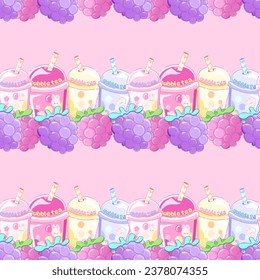 Kids seamless pattern with kawaii retro elements berry juice bubble tea food, pink background , 2000 90's wallpaper 