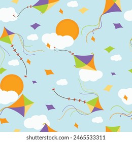 kids seamless pattern , kite, clouds, sun element