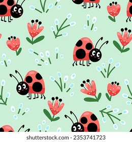 Kids seamless pattern with ladybug and floral elements on a green background. Vector illustration with cartoon drawings for print fabric or textile.