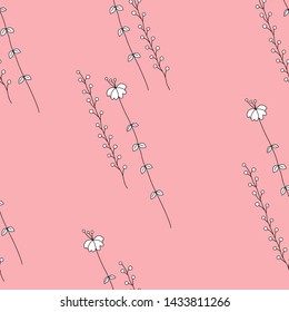 Kid's seamless  pattern made of flowers and sprigs  doodle style on light background. Vector illustration. Art sketch.