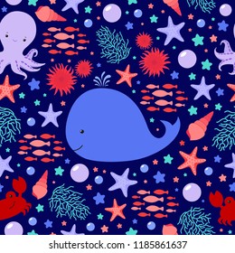 Kids seamless pattern marine underwater motif, cute octopus, whale, crab, bubbles, stars, fish, starfish, coral, sea anemone on dark blue background, for textile fabric, paper, clothing print, linen.