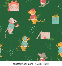 Kids seamless pattern with mice in suits and gift boxes. Christmas illustration with new year symbols. Funny characters of mice with sprigs of spruce and New Year's toys. Green festive background