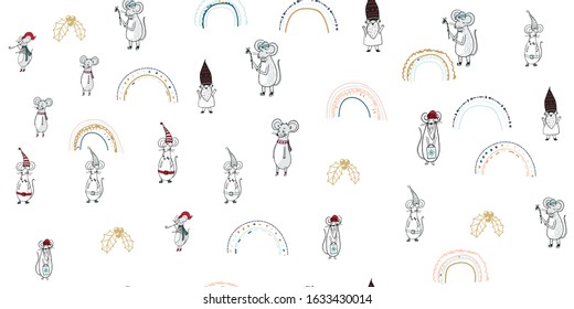 Kids seamless pattern with mouse and rainbow. Cute Scandinavian minimal design. 