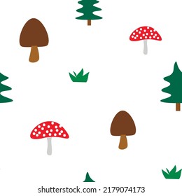 Kids seamless pattern with mushrooms and firs in the forest. Vector for fabric, textile, background, wallpaper, decor, wrapping paper