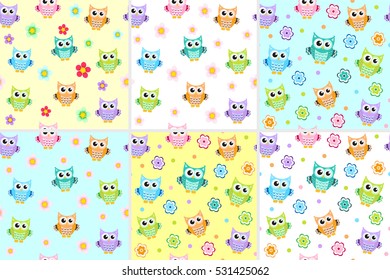 Kids seamless pattern with owls. Owl endless background, texture. Children's backdrop. Vector illustration