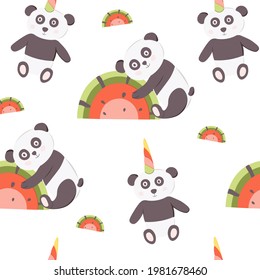 Kids seamless pattern of panda unicorn with watermelon rainbow. Vector illustration