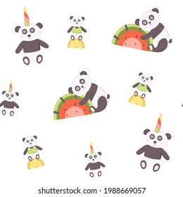 Kids seamless pattern of panda unicorn with fruit rainbow. Vector illustration