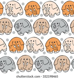 Kids seamless pattern with picture of a cartoon elephants in yellow and gray tones. Vector illustration.