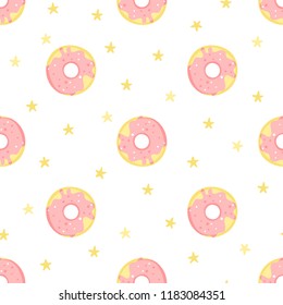 Kids seamless pattern with pink donuts and yellow stars on a white background. Childish texture for fabric, textile. Vector background.