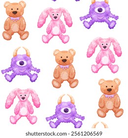 Kids seamless pattern of  plush toy bear and bunny