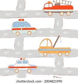 Kids seamless pattern of police car, fire truck, ambulance and crane. Vector illustration