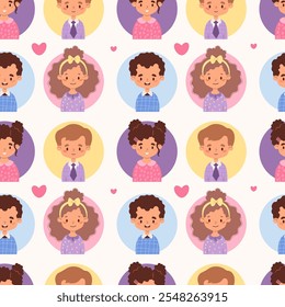 Kids seamless pattern. Portraits of cute happy girls and boys children on white background. Vector illustration in flat style