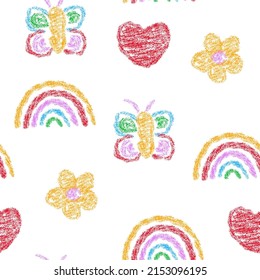 Kids seamless pattern with rainbow, butterfly and flowers drawing by crayon