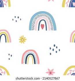  Kinder nahtloses Muster mit Regenbogen und Blumen. Frühlingsdesign. Trendy baby Textur