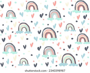 Kids seamless pattern rainbow with hearts on white background vector for textile or wallpaper 
