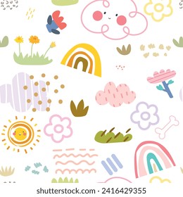 Сute kids seamless pattern with rainbows, clouds, plants,  Doodle. Vector illustration