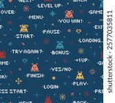 Kids Seamless Pattern of Retro Pixel Video Game Abstract Aliens Characters and Phrases from the Game interface. Funny Space Monsters in Pixel Art Style. Old School Arcade Game Computer Graphic Design.