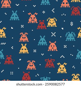 Kids Seamless Pattern of Retro Pixel Video Game Abstract Aliens Characters. Funny Space Monsters in Pixel Art Style. Old School Arcade Game Computer Graphic Design. Vector illustration