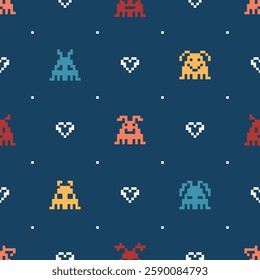Kids Seamless Pattern of Retro Pixel Video Game Abstract Aliens Characters and Hearts. Funny Space Monsters in Pixel Art Style. Old School Arcade Game Computer Graphic Design. Vector