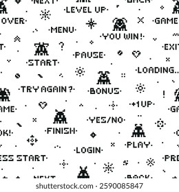 Kids Seamless Pattern of Retro Pixel Video Game Abstract Aliens Characters. Funny Space Monsters in Pixel Art Style. Old School Arcade Game Computer Graphic Design. Black and White Vector illustration