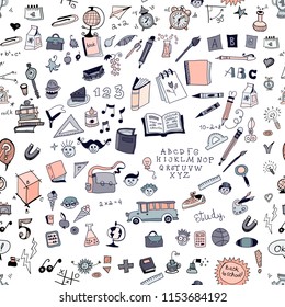 Kids seamless pattern with school supplies and creative elements. Back to school background.. Education childish theme