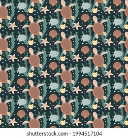 Kids seamless pattern with sea turtles, starfish and blue fish. Baby textile clothing package design