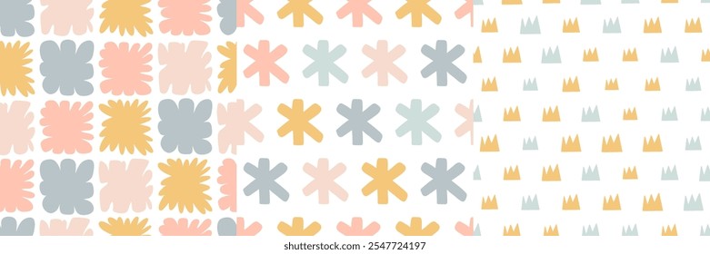 Conjunto de patrón sin costuras para niños. Fondo colorido de dibujos animados de Vector con linda corona, flores y copo de nieve en estilo simple dibujado a mano. Colores de moda pastel sobre un fondo blanco para los niños. bueno para la materia textil