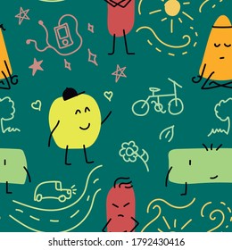 Kids Seamless Pattern Of Shapes With Expresions. Solid Background. Doodle Drawings. Made For Printing On Fabric. Music, Bike, Tree, Ipod, Stars, Flower, Car. 