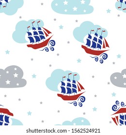 Kids seamless pattern with ships, clouds and stars.
