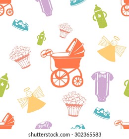 Kids seamless pattern with a sidecar, booties, small bottle, cake.