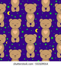 Kids seamless pattern with sleeping bears the moon in the starry sky purple background vector illustration