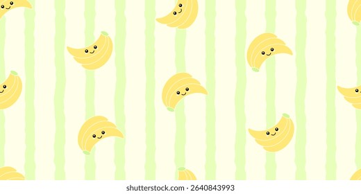 Kid's seamless pattern. Smiling Banana. Exotic fruit fashion print. Design elements for baby textile or clothes. Hand drawn doodle repeating delicacies. Tropical wallpaper