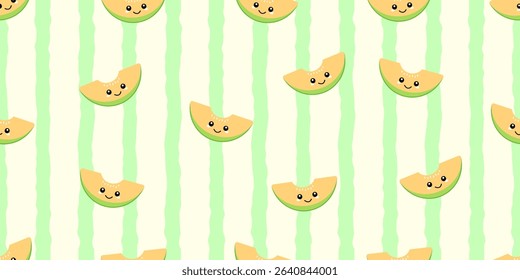 Kid's seamless pattern. Smiling Cantaloupe. Exotic fruit fashion print. Design elements for baby textile or clothes. Hand drawn doodle repeating delicacies. Tropical wallpaper